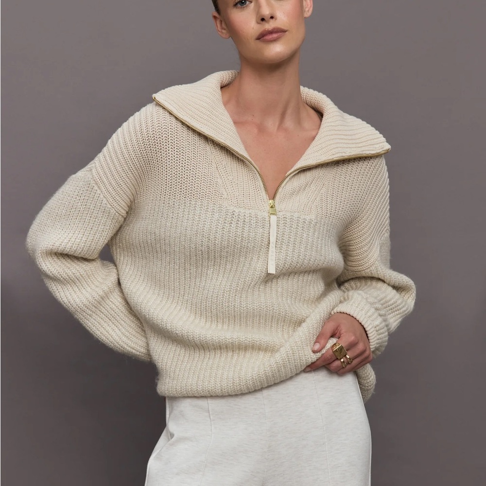 Varley Beige Zip-Up Cowl Neck Sweater